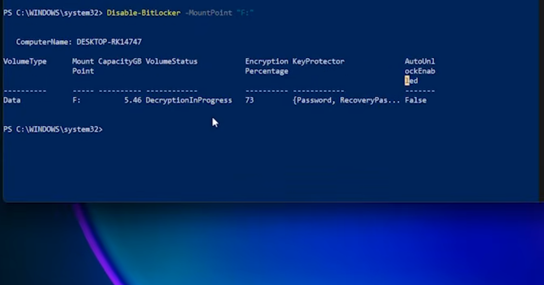 BitLocker disable process step one