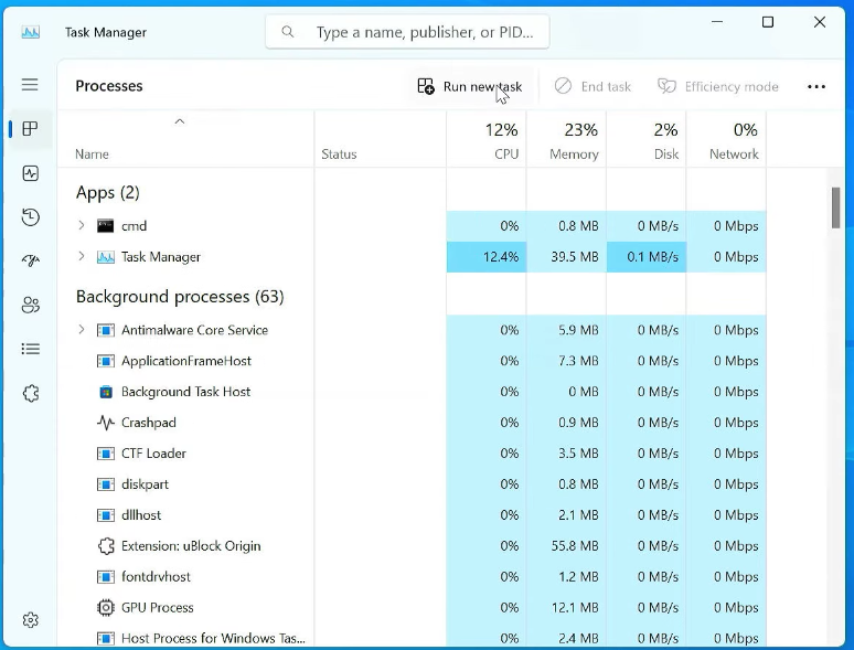 Click Run new task in Task Manager