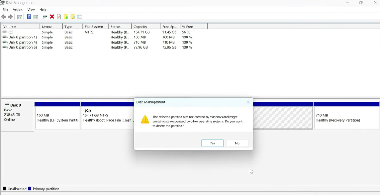 Delete the Ubuntu partition in Disk Management