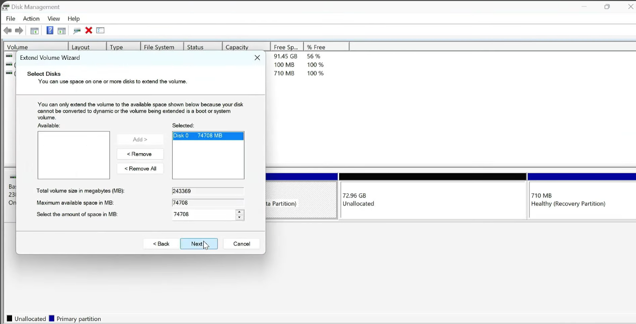 Extend unallocated space to C drive