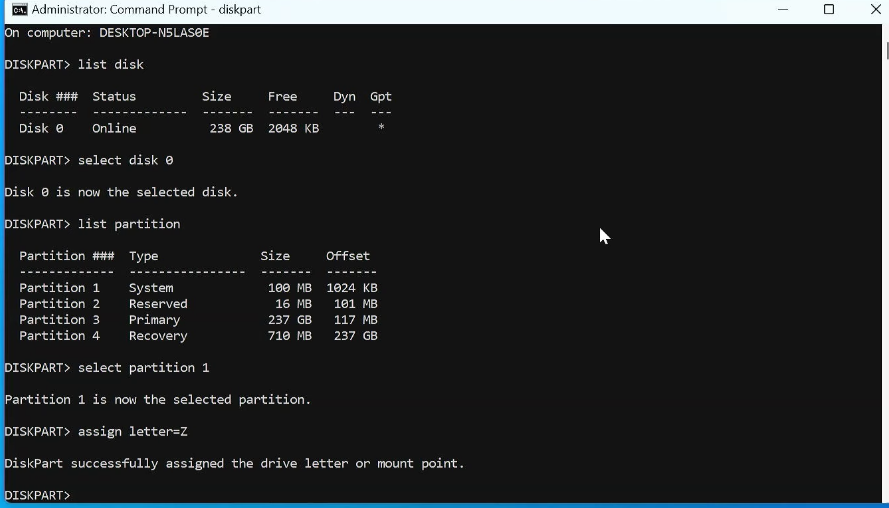 Assign letter Z to EFI partition