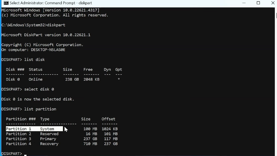 List partitions in diskpart