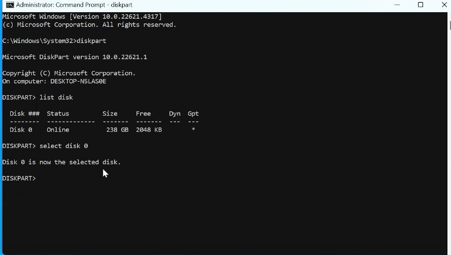 Select disk 0 in diskpart