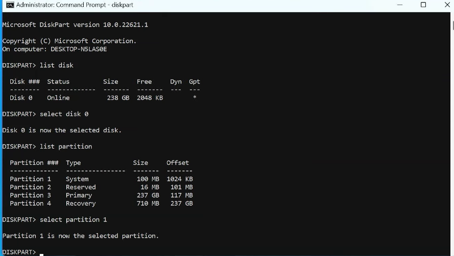 Select EFI partition in diskpart